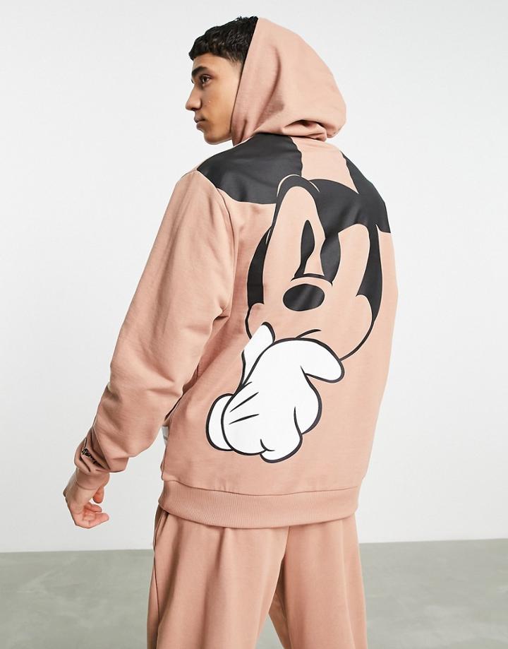 Asos Design Hoodie With Mickey Mouse Print In Brown - Part Of A Set