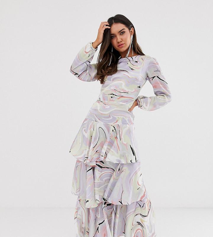 True Violet Tiered Long Sleeve Midaxi Dress In Marble Print - Multi