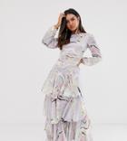 True Violet Tiered Long Sleeve Midaxi Dress In Marble Print - Multi