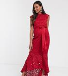 Chi Chi London Maternity Crochet Lace Midaxi Dress In Red