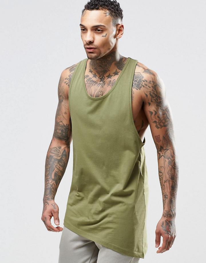 Asos Longline Vest With Asymmetric Hem And Extreme Racer Back In Green - Green