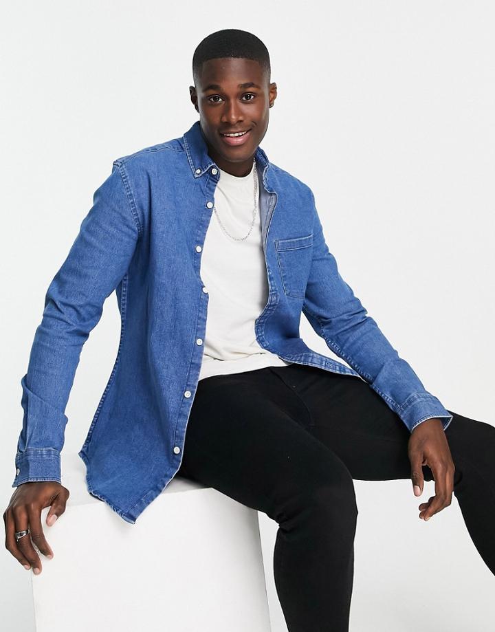 Asos Design Stretch Slim Denim Shirt In Mid Wash Blue-blues