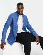 Asos Design Stretch Slim Denim Shirt In Mid Wash Blue-blues