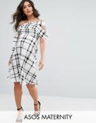 Asos Maternity One Shoulder Origami Midi Dress In Mono Check - Multi