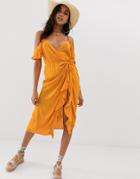 Asos Design Beach Maxi Dress With Cold Shoulders & Ruched Waist Detail In Crinkle - Orange