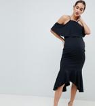 Asos Design Maternity Ruffle Cold Shoulder Asymmetric Pephem Midi Dress - Black