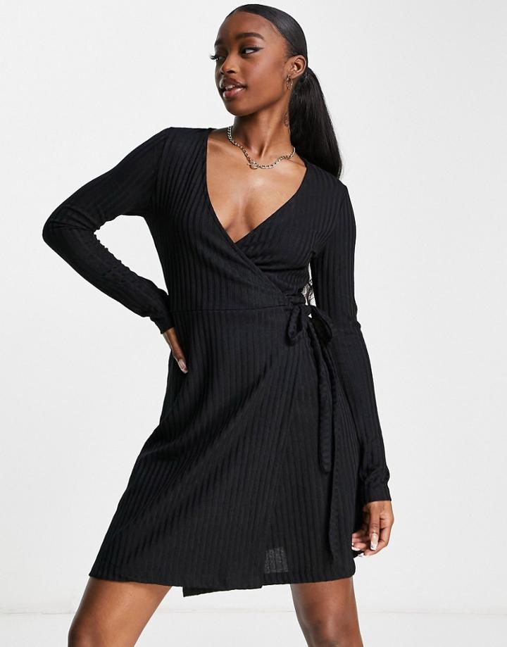 Na-kd Long Sleeve Wrap Dress In Black