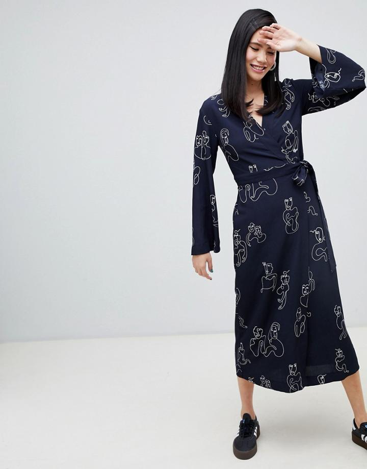 Monki Face Print Midi Wrap Dress In Blue - Blue