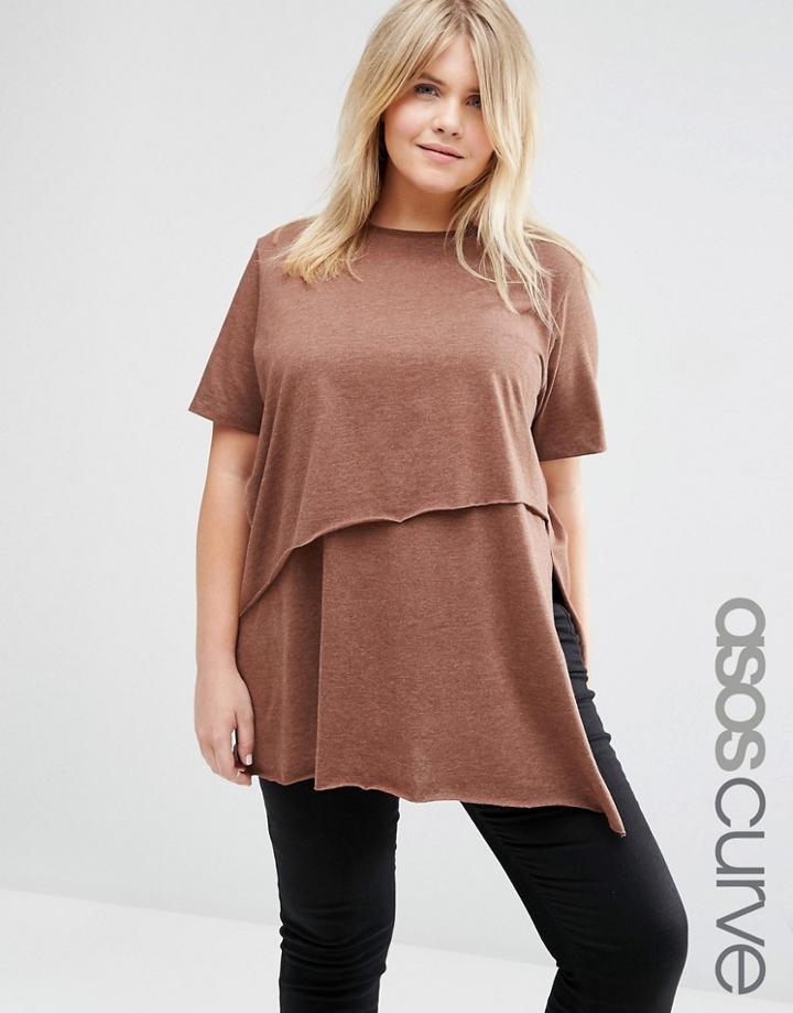 Asos Curve T-shirt With Asymmetric Raw Hem Detail - Brown
