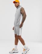 Asos Design Tracksuit Sleeveless Oversized Hoodie And Shorts With Side Stripe In Gray Marl