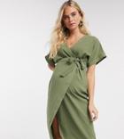 Asos Design Maternity Wrap Midi Dress In Khaki-green