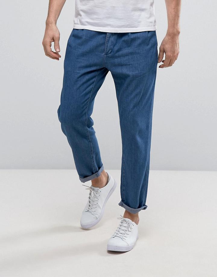 Asos Lightweight Double Pleated Mid Blue Jean - Blue