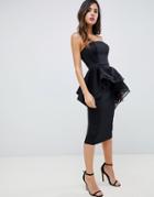 Asos Design Premium Bandeau Peplum Bodycon Midi Dress With Organza - Black
