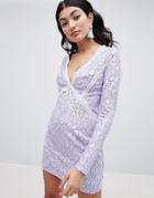 Prettylittlething Long Sleeve Lace Mini Dress - Purple