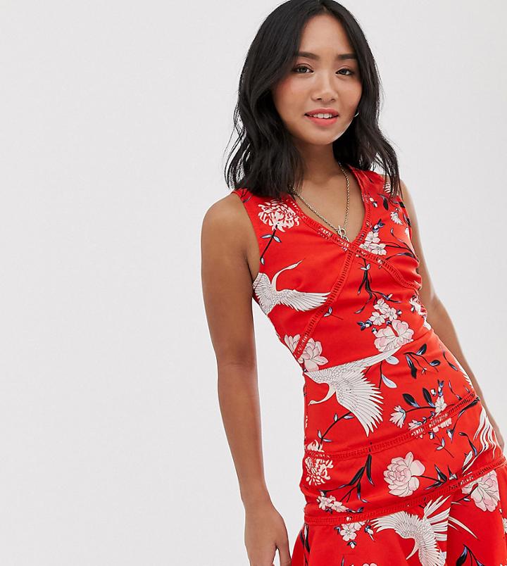 Parisian Petite Ladder Detail Dress In Eastern Bird Print - Red