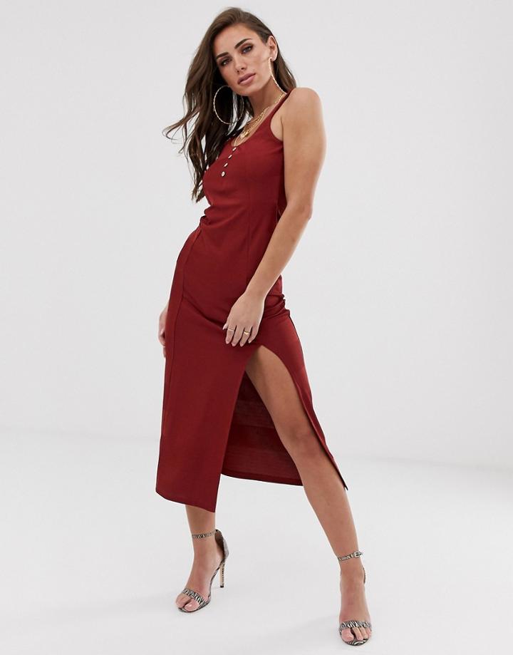 Asos Design Rib Midi Dress With Button Detail-red