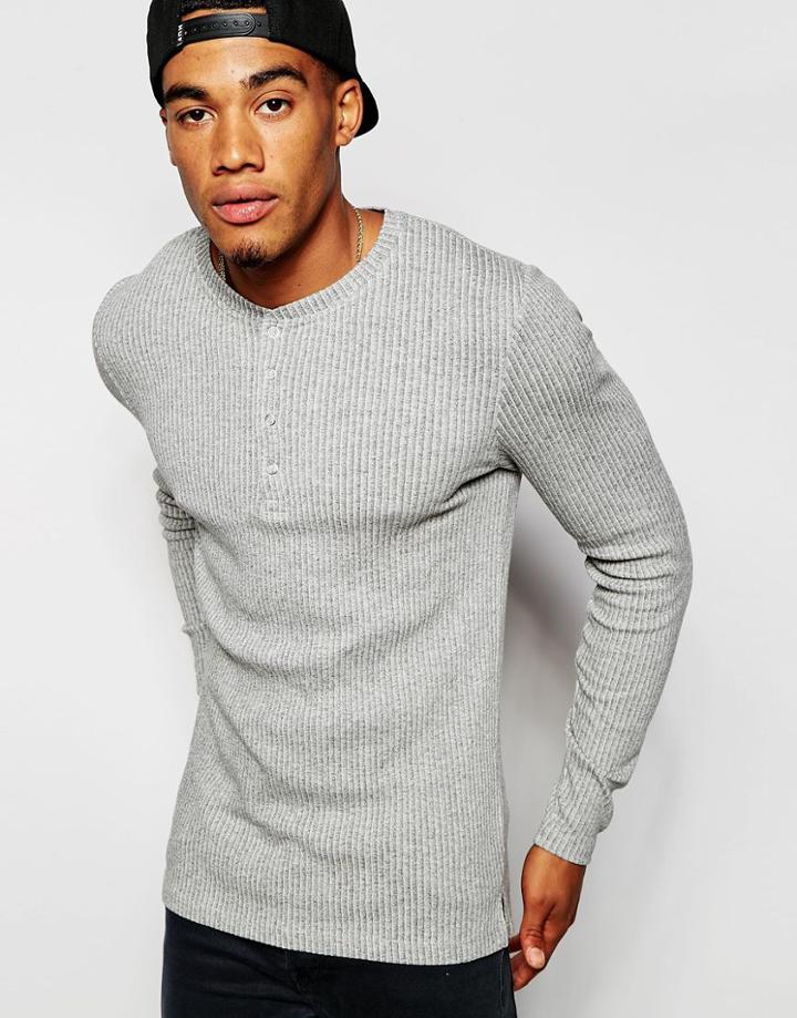 Asos Extreme Muscle Long Sleeve T-shirt In Gray Stretch Rib Jersey - Gray Marl
