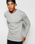 Asos Extreme Muscle Long Sleeve T-shirt In Gray Stretch Rib Jersey - Gray Marl