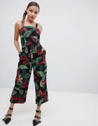 Qed London Tie Back Jumpsuit In Leaf Print - Black