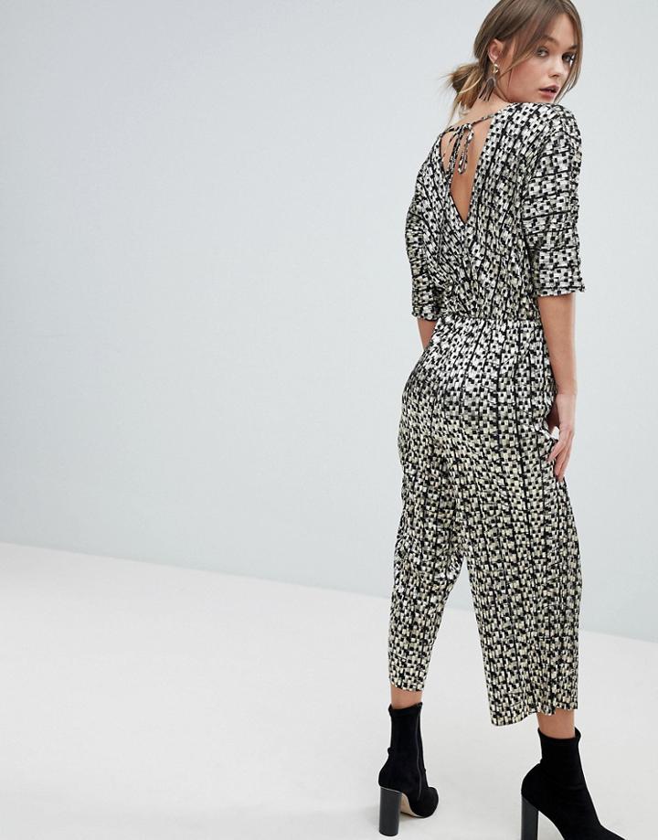 Miss Selfridge Metallic Angel Sleeve Plisse Jumpsuit - Gold