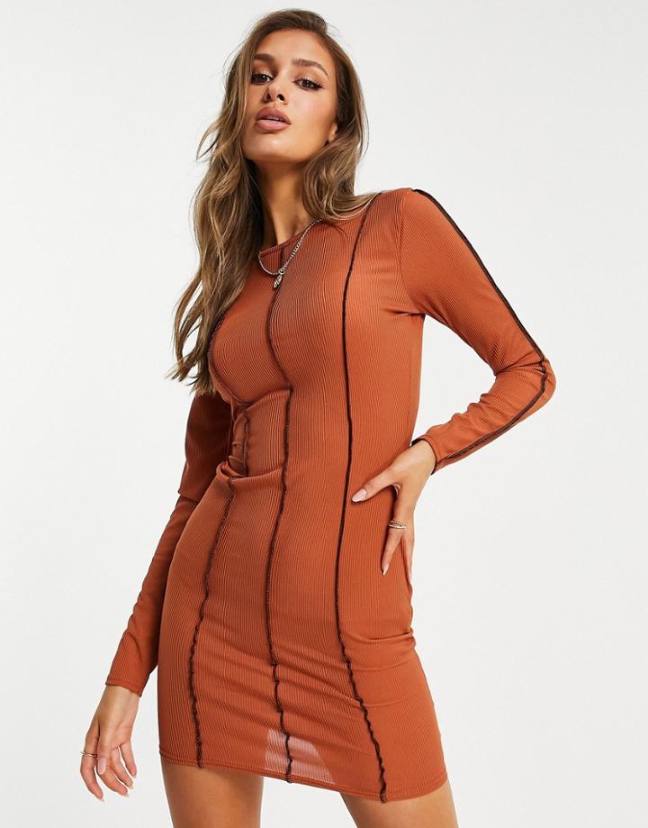 I Saw It First Exposed Contrast Seam Mesh Mini Dress In Rust-white