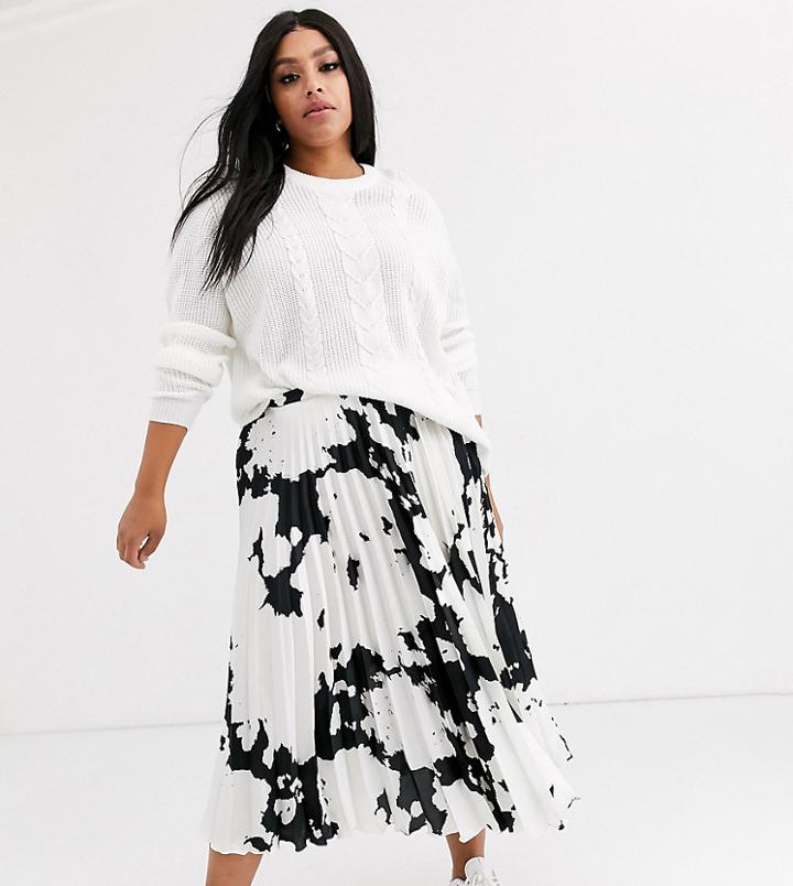 Asos Design Curve Satin Pleated Midi Skirt In Cow Print-multi