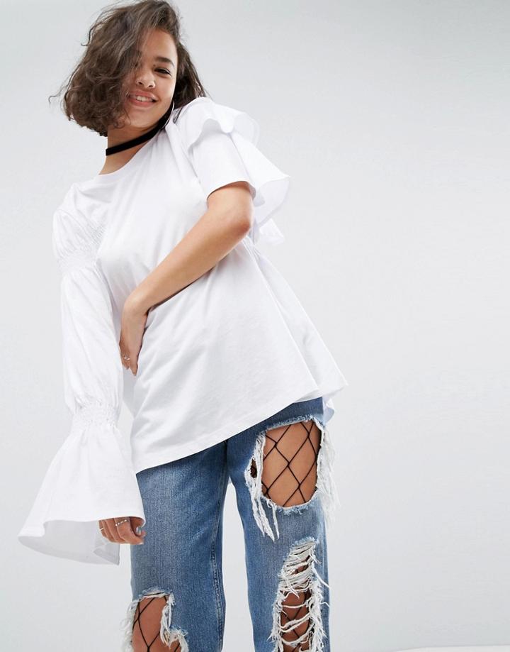 Asos T-shirt With Dramatic Ruched Ruffle Detail - White
