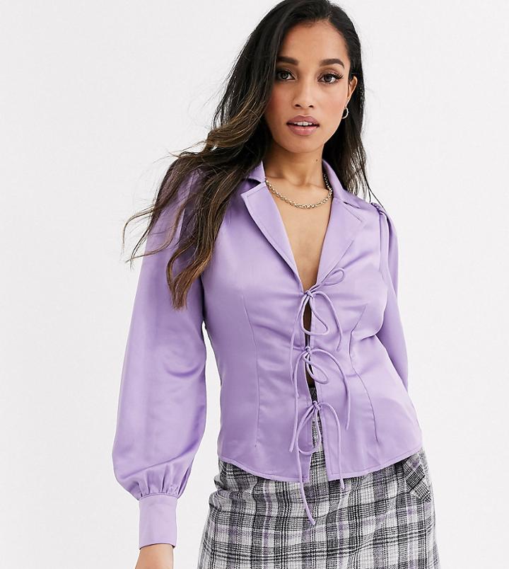 Fashion Union Petite Tie Front Satin Blouse-purple