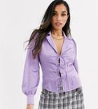 Fashion Union Petite Tie Front Satin Blouse-purple
