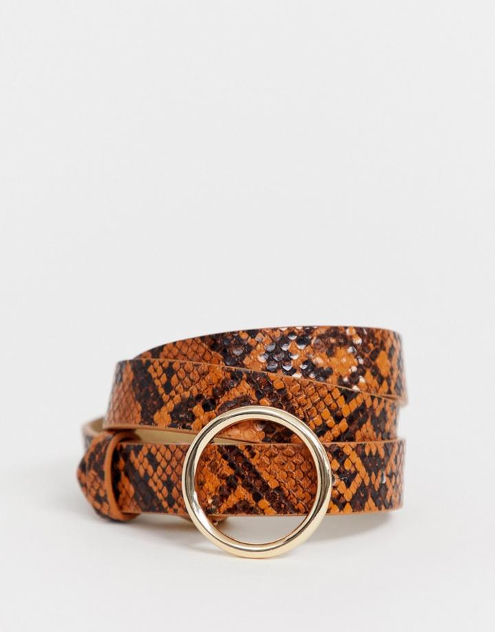 Pieces Circle Buckle Snake Print Brown Belt - Brown
