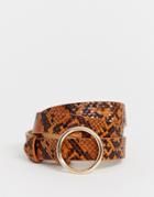 Pieces Circle Buckle Snake Print Brown Belt - Brown