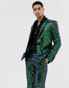 Asos Edition Skinny Tuxedo Jacket In Green Geo Patterned Sequins