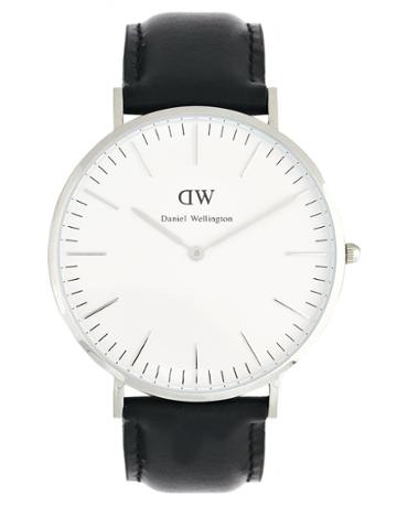 Daniel Wellington Sheffield Silver Black Leather Strap Watch
