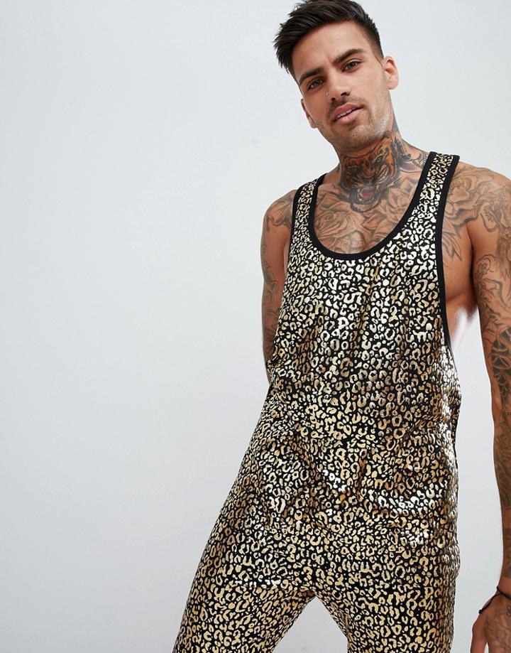 Asos Design Two-piece Festival Extreme Racer Back Tank With All Over Leopord Foil Print - Gold