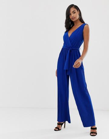 Scarlet Rocks Plunge Font Pleated Jumpsuit In Cobalt - Blue