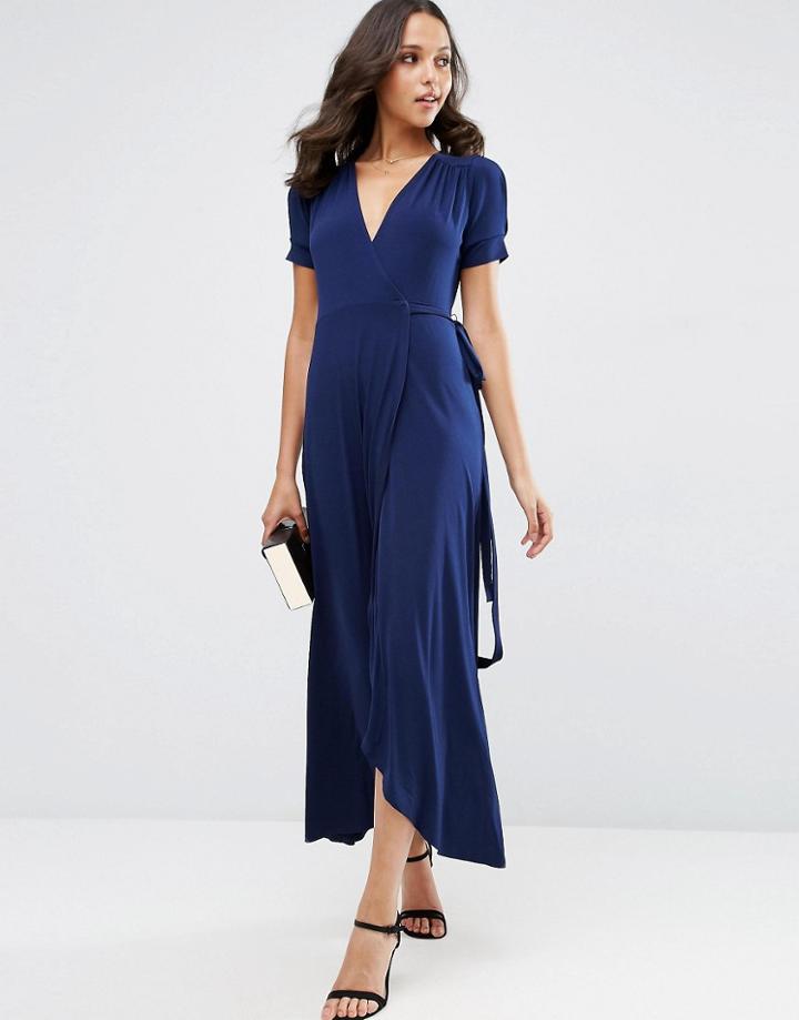 Asos Crepe Wrap Maxi Dress With Cap Sleeves - Navy
