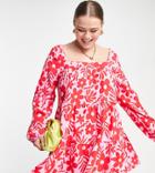 Asos Design Curve Tiered Square Neck Smock Mini Dress In Red And Pink Floral-multi