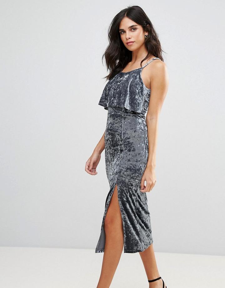 Liquorish Velvet Midi Dress With Two Front Slits - Gray