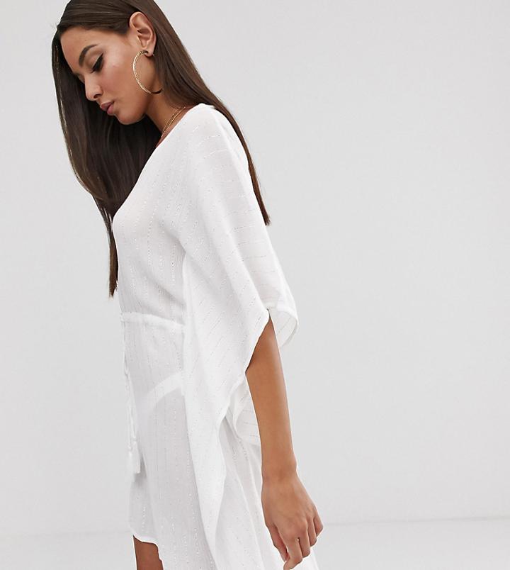 South Beach Exclusive Metallic Stripe Caftan In White-silver