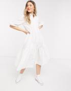 Asos Design Cotton Poplin Tiered Midi Shirt Dress In White