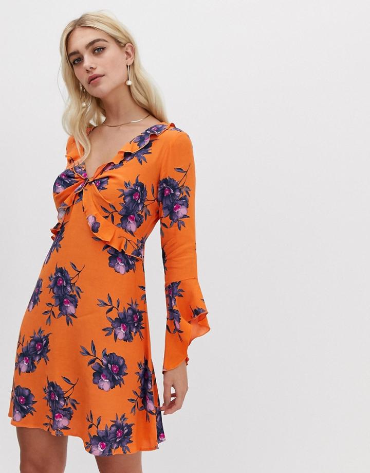 River Island Floral Print Frill Front Tea Dress-orange