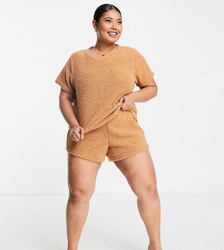 Brave Soul Plus Becca Short Lounge Set In Camel Borg-neutral