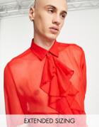 Asos Design Regular Sheer Shirt With Ruffle Front Detail In Red