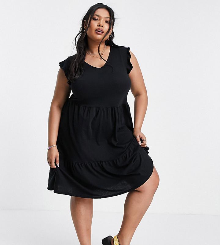 New Look Curve V Neck Short Sleeve Jersey Smock Dress In Black