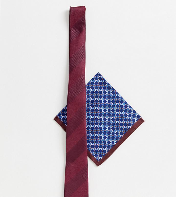 Asos Design Slim Tie In Burgundy With Grid Design Pocket Square
