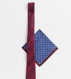 Asos Design Slim Tie In Burgundy With Grid Design Pocket Square
