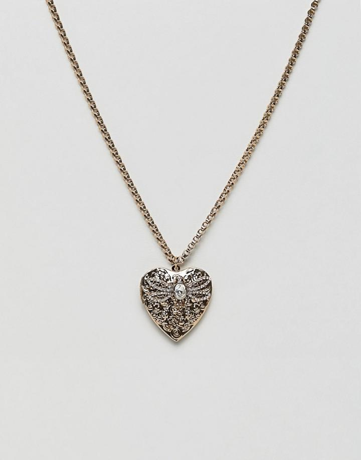 Asos Design Necklace With Vintage Style Heart Locket And Bug Design In Gold - Gold