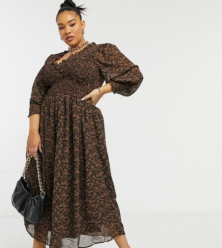 Asos Design Curve Midi Smock Dress With Shirred Cuffs In Animal Print-multi