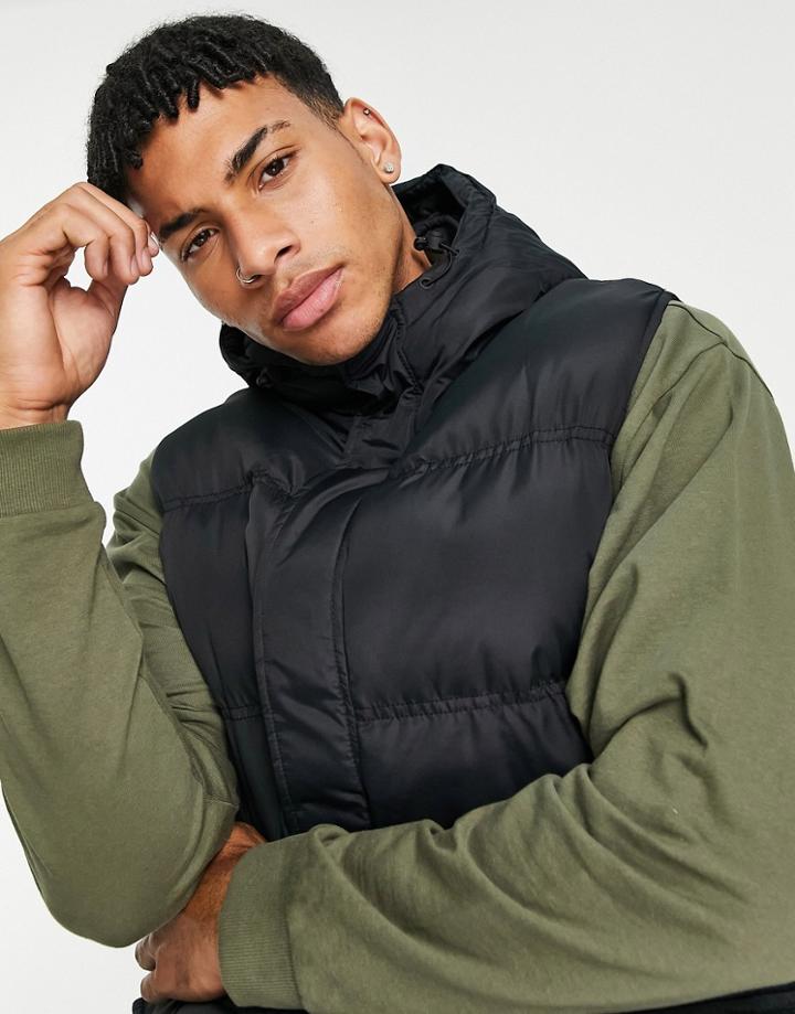 Threadbare Heavy Padded Vest With Hood In Black