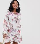 Parisian Petite Floral Mini Dress With Fluted Sleeve Detail - Cream